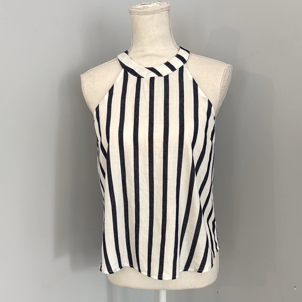 Blue and White Striped Tank Top with High Neckline